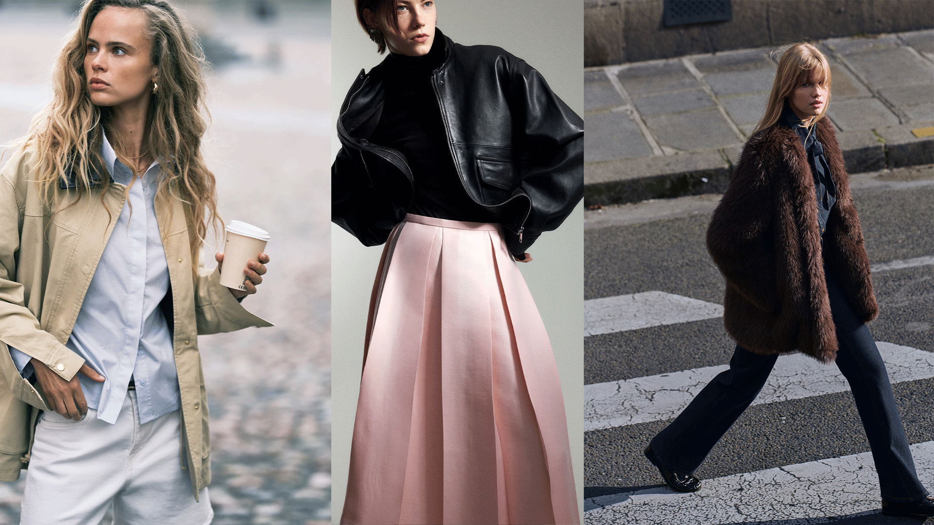 Collage of models wear H&amp;M clothing. One model wears a barn jacket, white shorts, and a button-down top. A second model wears a pink satin skirt and black leather bomber jacket. A third model wears a faux-fur coat, jeans, and a denim top. 