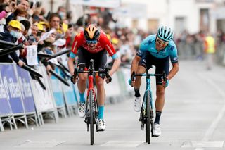 BAZA SPAIN FEBRUARY 19 LR Wouter Poels of Netherlands and Team Bahrain Victorious and Alexey Lutsenko of Kazahkstan and Team Astana Qazaqstan sprint to win during the 68th Vuelta A Andalucia Ruta Del Sol 2022 Stage 4 a 167km stage from Cllar Vega to Baza 836m 68RdS on February 19 2022 in Baza Spain Photo by Bas CzerwinskiGetty Images