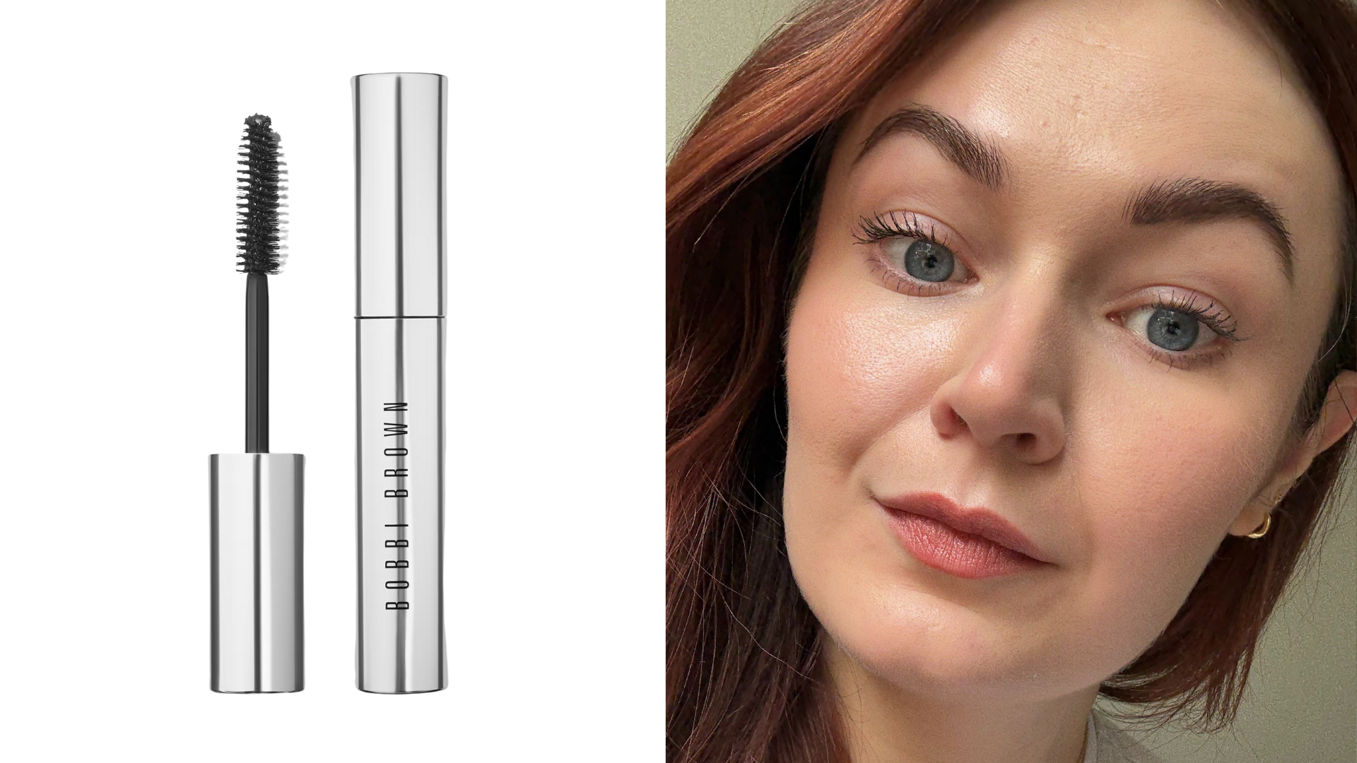 Composite image showing the Bobbi Brown No Smudge Mascara (left) and Lucy wearing the product (right)