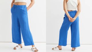 model showing blue linen trousers front and back