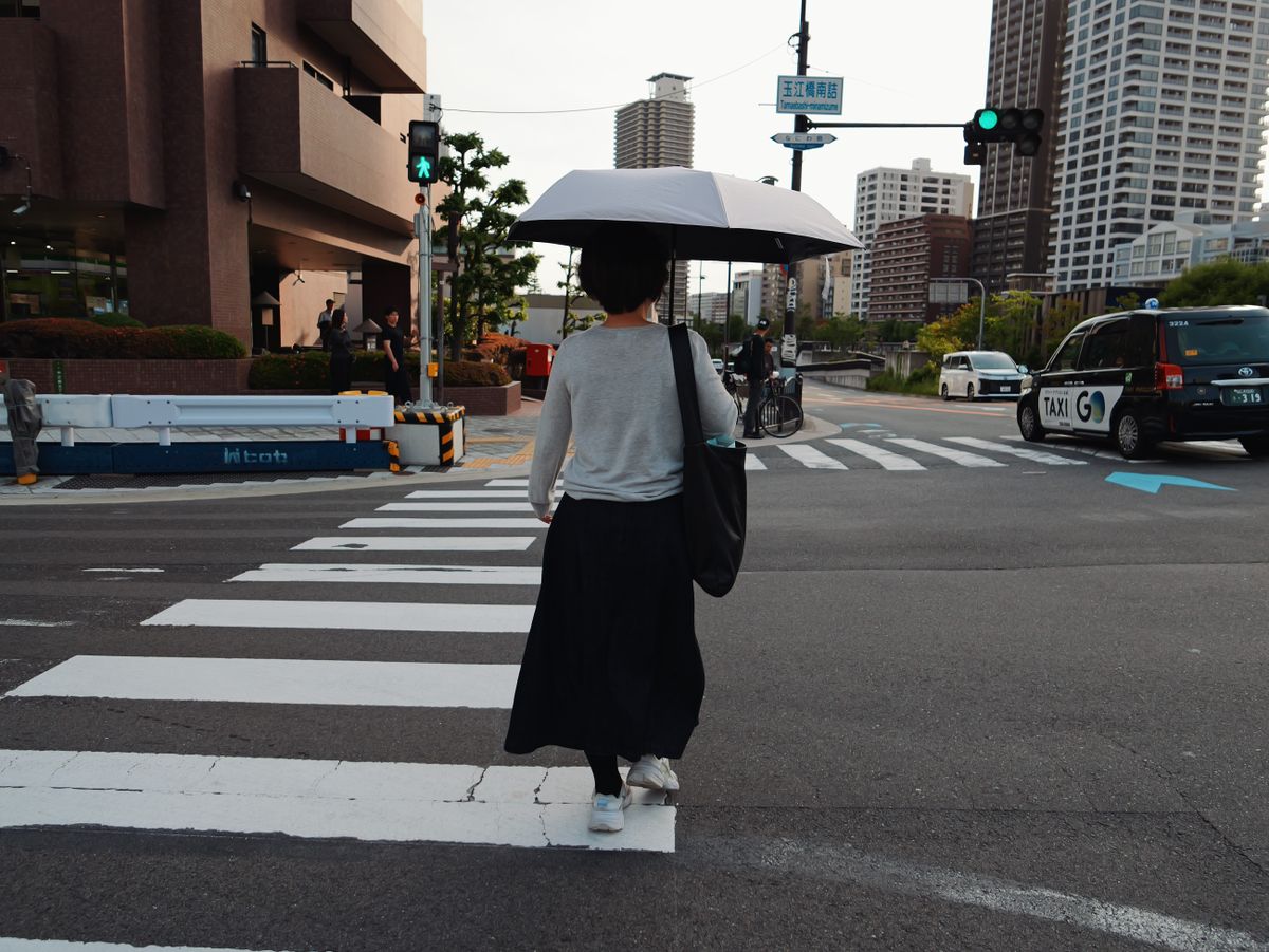 Person holding an umbrella at a city crosswalk.