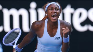 Coco Gauff of the United States celebrating at the 2026 Australian Open at Melbourne Park
