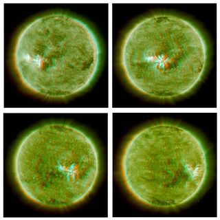 By combining images taken almost simultaneously from the Ahead and Behind STEREO spacecraft, researchers have generated a 3-D sequence of four images (clockwise starting at the top left) that track an active solar region over about a one-week period (Apri