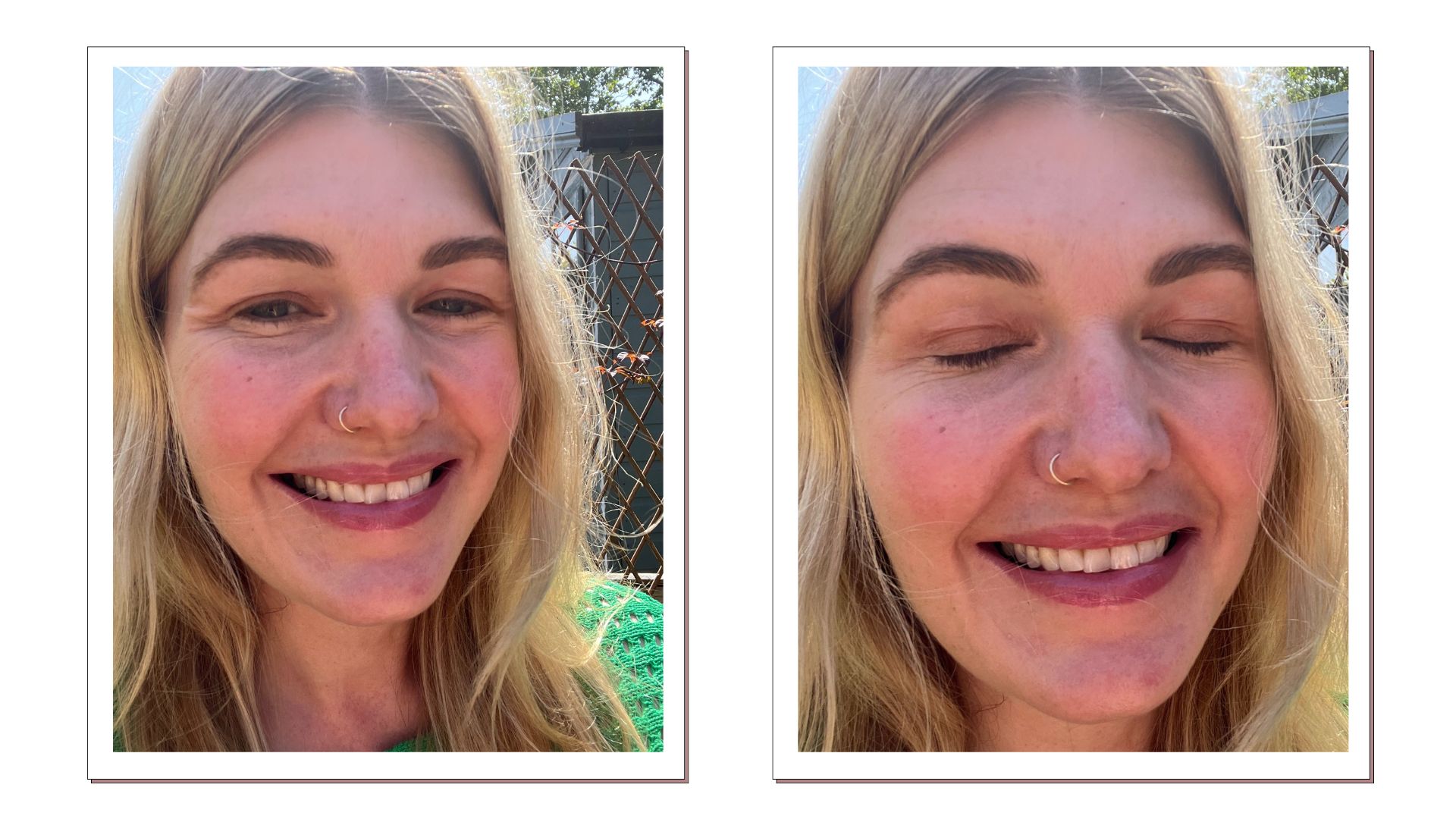 two images of beauty editor Fiona Mckim wearing RMS eye light eyeshadow, one with her eyes open and one with her eyes closed