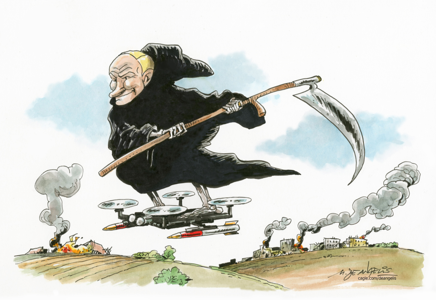 This cartoon depicts Vladimir Putin as the Grim Reaper flying over a war-torn landscape filled with burning buildings. Putin holds a scythe and flies atop a drone that is fitted with two missiles.