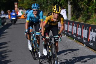 COMO ITALY AUGUST 15 Jakob Fuglsang of Denmark and Astana Pro Team George Bennett of New Zealand and Team Jumbo Visma during the 114th Il Lombardia 2020 a 231km race from Bergamo to Como ilombardia IlLombardia on August 15 2020 in Como Italy Photo by Tim de WaeleGetty Images