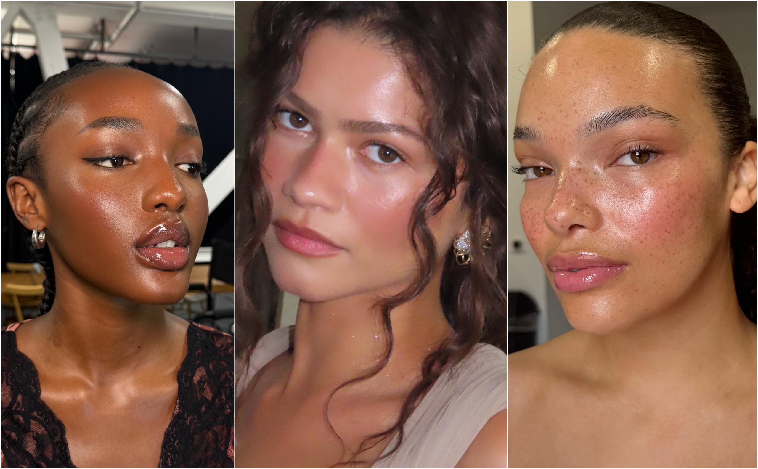 Three close-up makeup looks with glowy skin and glossy lips, rosy cheeks in the middle and freckles showing through on the right