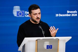 Volodymyr Zelenskiy, Ukraine's president, during a news conference at a European Council summit