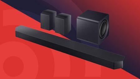 Samsung HW-Q990F soundbar on a red and blue gradient background