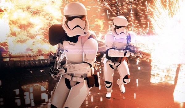 Storm Troopers run through explosions in Battlefront 2