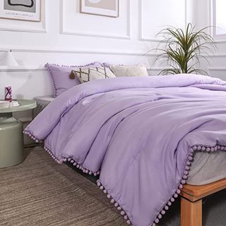 Yirddeo Lavender Purple Twin Ball Pom Fringe Design Comforter Set