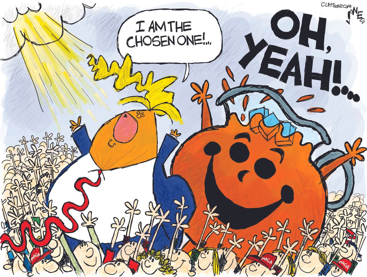 Political Cartoon U.S. Trump Chosen One King of the Jews Kool Aid Man Oh Yeah