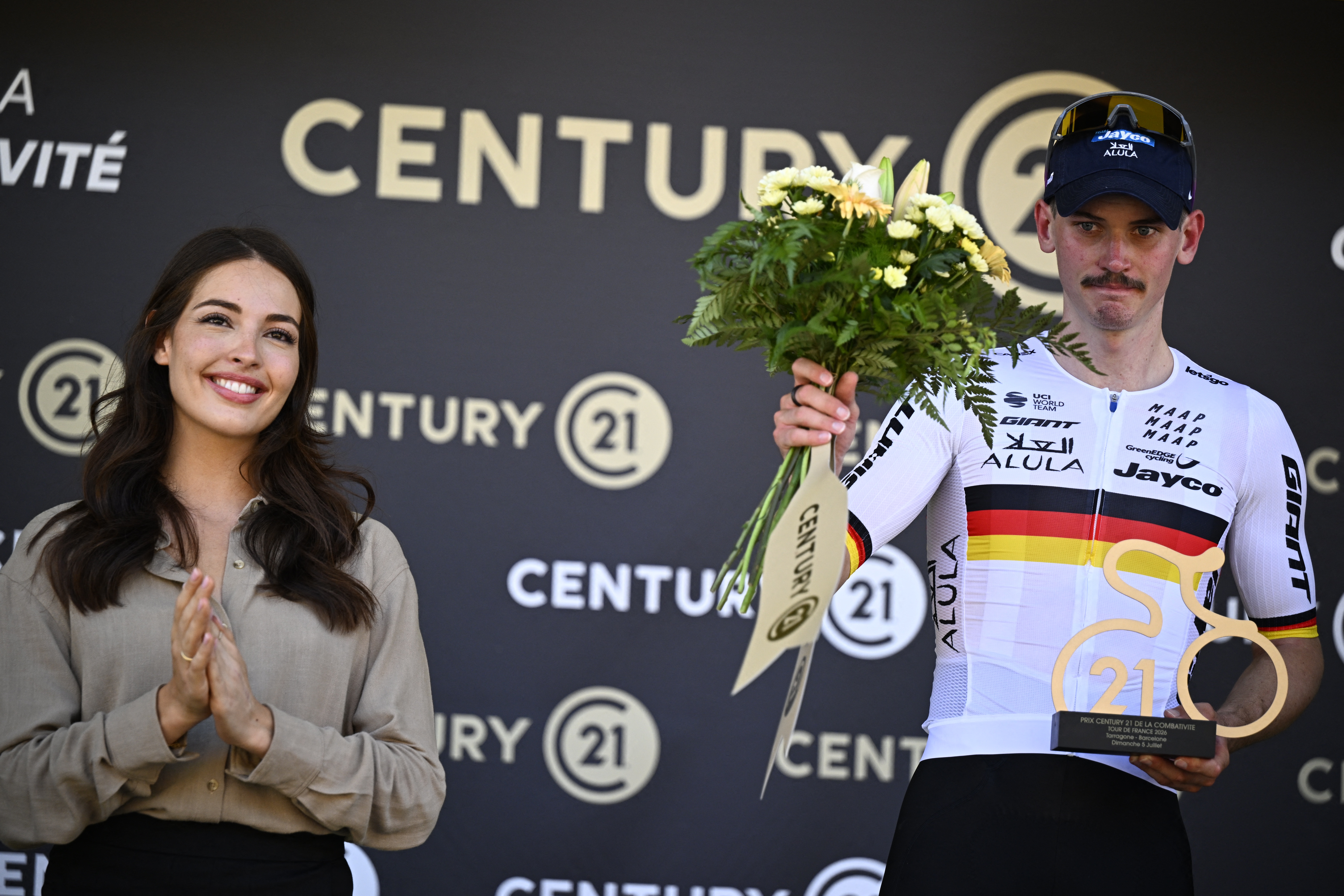 German Felix Engelhardt of Team Jayco AlUla and pictured after the second stage of the 2026 Tour de France cycling race, a stage of 182km from Tarragona to Barcelona, Sunday 05 July 2026. The 113th edition of the Tour de France starts on Saturday 4 July in Barcelona, Spain, and will finish in Paris, France on the 26th of July. BELGA PHOTO JASPER JACOBS (Photo by JASPER JACOBS / BELGA MAG / Belga via AFP)