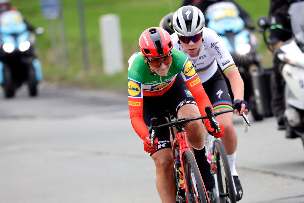 NINOVE, BELGIUM - FEBRUARY 24: (L-R) Elisa Longo Borghini ofElisa Longo Borghini (Lidl-Trek) on the attack en route to third place at the 2024 Omloop Het Nieuwsblad Italy and Team Lidl-Trek and Lotte Kopecky of Belgium and Team SD Worx-Protime compete in the breakaway during the 16th Omloop Het Nieuwsblad 2024, Women&#039;s Elite a 127.1km one day race from Ghent to Ninove / #UCIWWT / on February 24, 2024 in Ninove, Belgium. (Photo by Rafa Gomez - Pool/Getty Images)