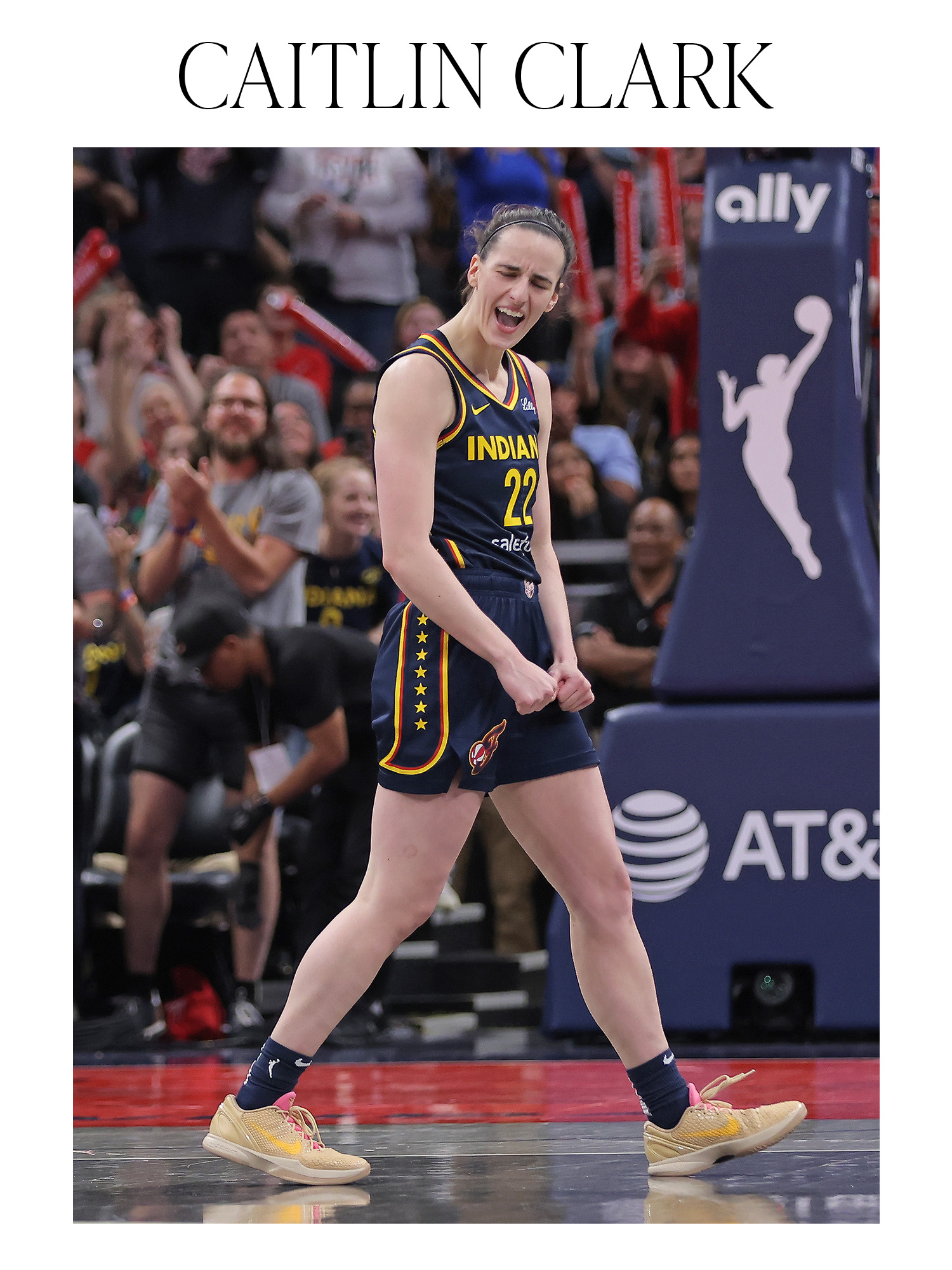 Caitlin Clark #22 of the Indiana Fever celebrates during the game against the New York Liberty on June 14, 2025 at Gainbridge Fieldhouse in Indianapolis, Indiana.