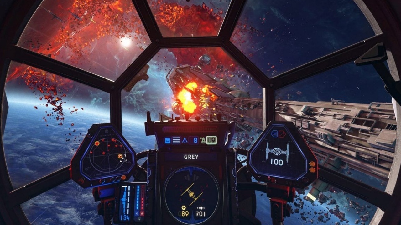 Star Wars Squadrons Screenshot looking out of spaceship cockpit onto space battle