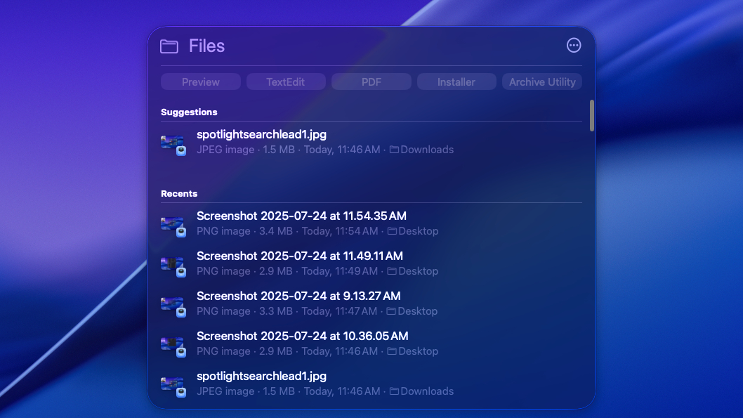 macOS Tahoe Spotlight Search Files submenu