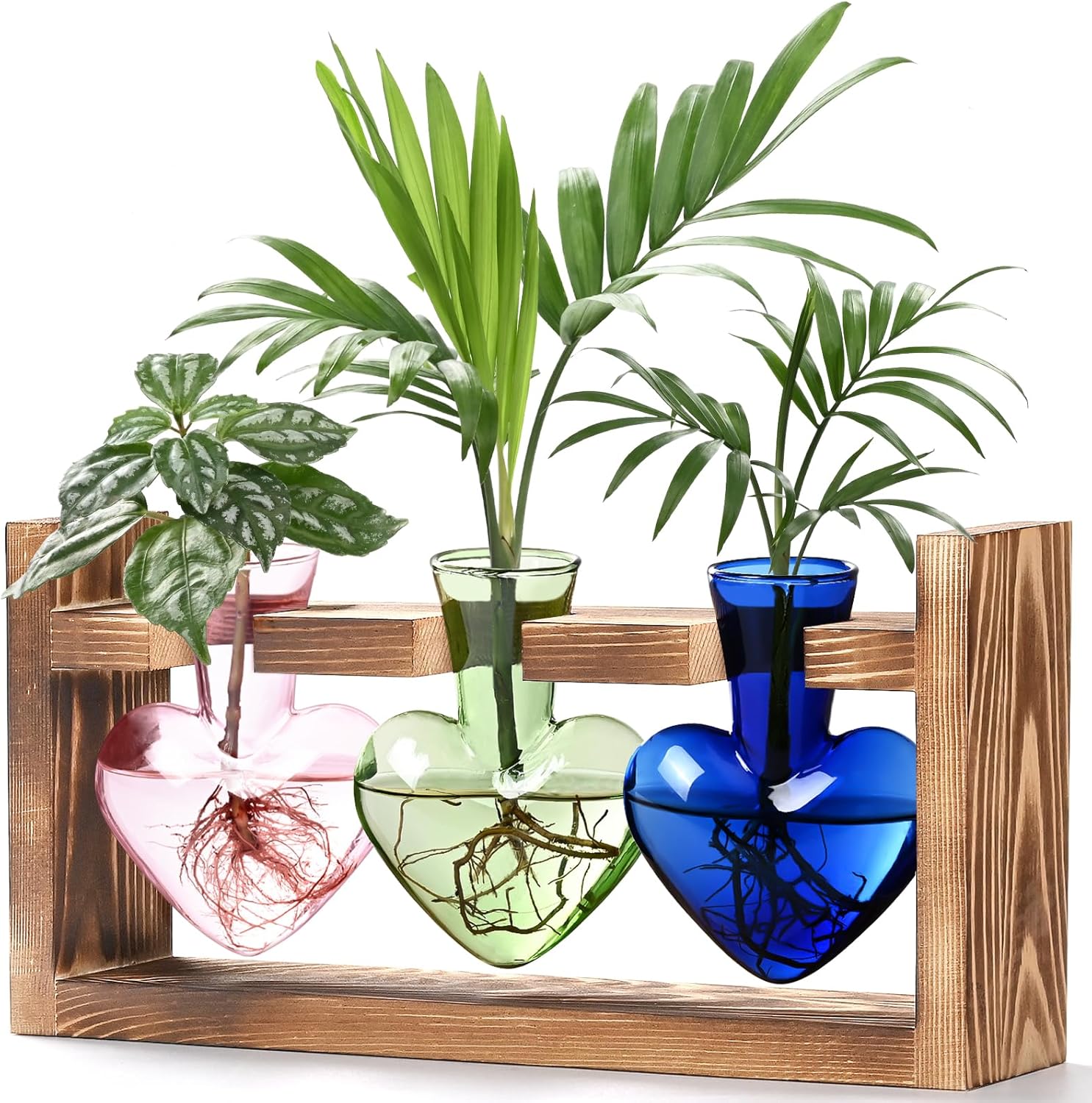 Lifecapido Heart Shaped Propagation Stations, Plant Terrarium With Wooden Stand, Plant Propagation Station for Hydroponics Office Garden Home Decor, Gifts for Women Plant Lover (3 Vases, Multicolor)