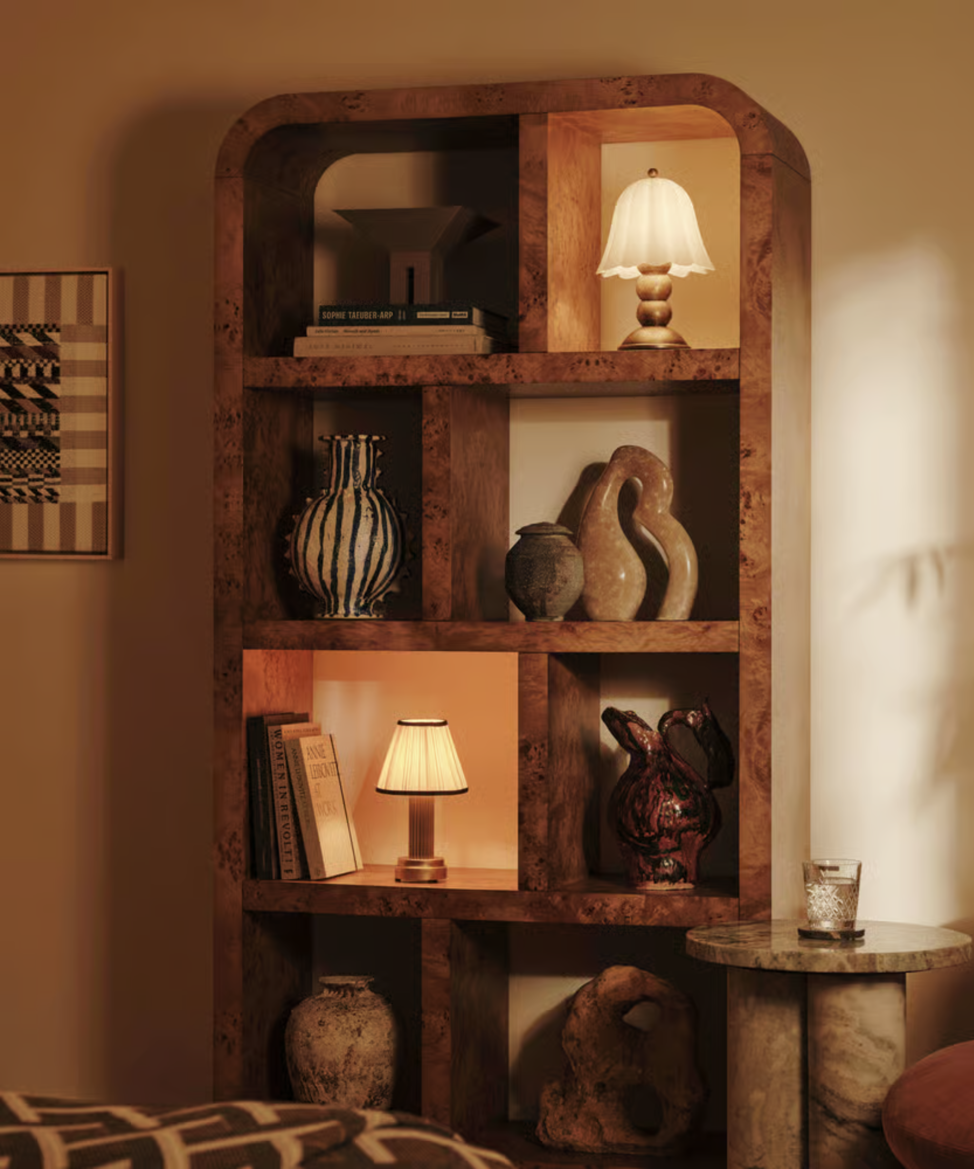 Burl bookcase with illuminated portable lamp