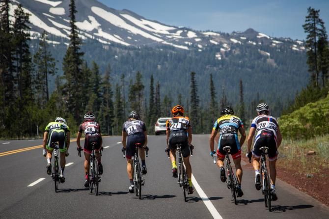 The last riders of the break close in on the finish.