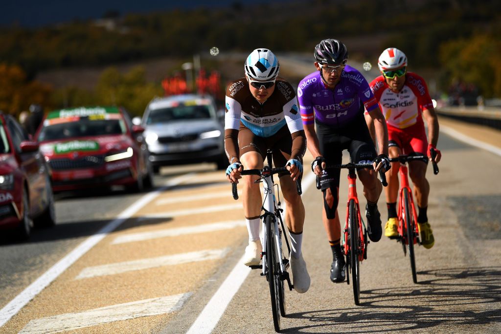 EJEADELOSCABALLEROS SPAIN OCTOBER 23 Harry Tanfield of The United Kingdom and Team AG2R La Mondiale Luis Angel Mate Mardones of Spain and Team Cofidis Solutions Credits Jesus Ezquerra Muela of Spain and Team Burgos BH Willie Smit of South Africa and Team Burgos BH Breakaway during the 75th Tour of Spain 2020 Stage 4 a 1917km stage from Garray Numancia to Ejea de los Caballeros lavuelta LaVuelta20 La Vuelta on October 23 2020 in Ejea de los Caballeros Spain Photo by David RamosGetty Images