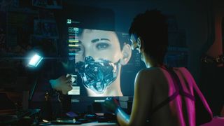 A female android in Cyberpunk 2077 with her mouth, jaw, and nose removed as she alters her appearance.