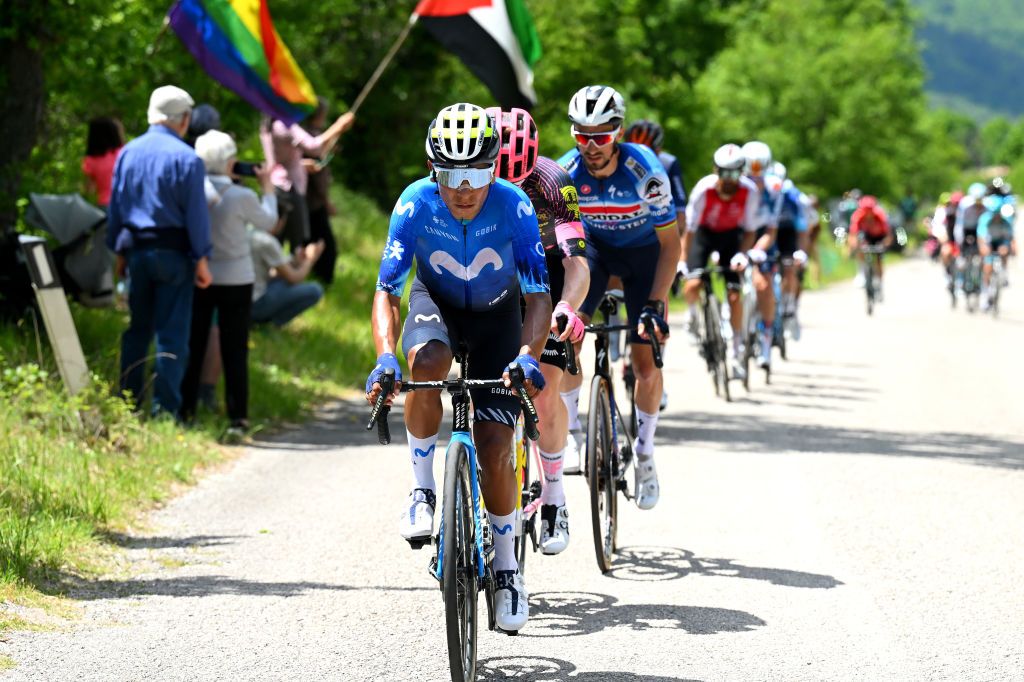 PRATI DI TIVO ITALY MAY 11 Nairo Quintana of Colombia and Movistar Team competes in the breakaway during the 107th Giro dItalia 2024 Stage 8 a 152km stage from Spoleto to Prati di Tivo 1451m UCIWT on May 11 2024 in Prati di Tivo Italy Photo by Tim de WaeleGetty Images