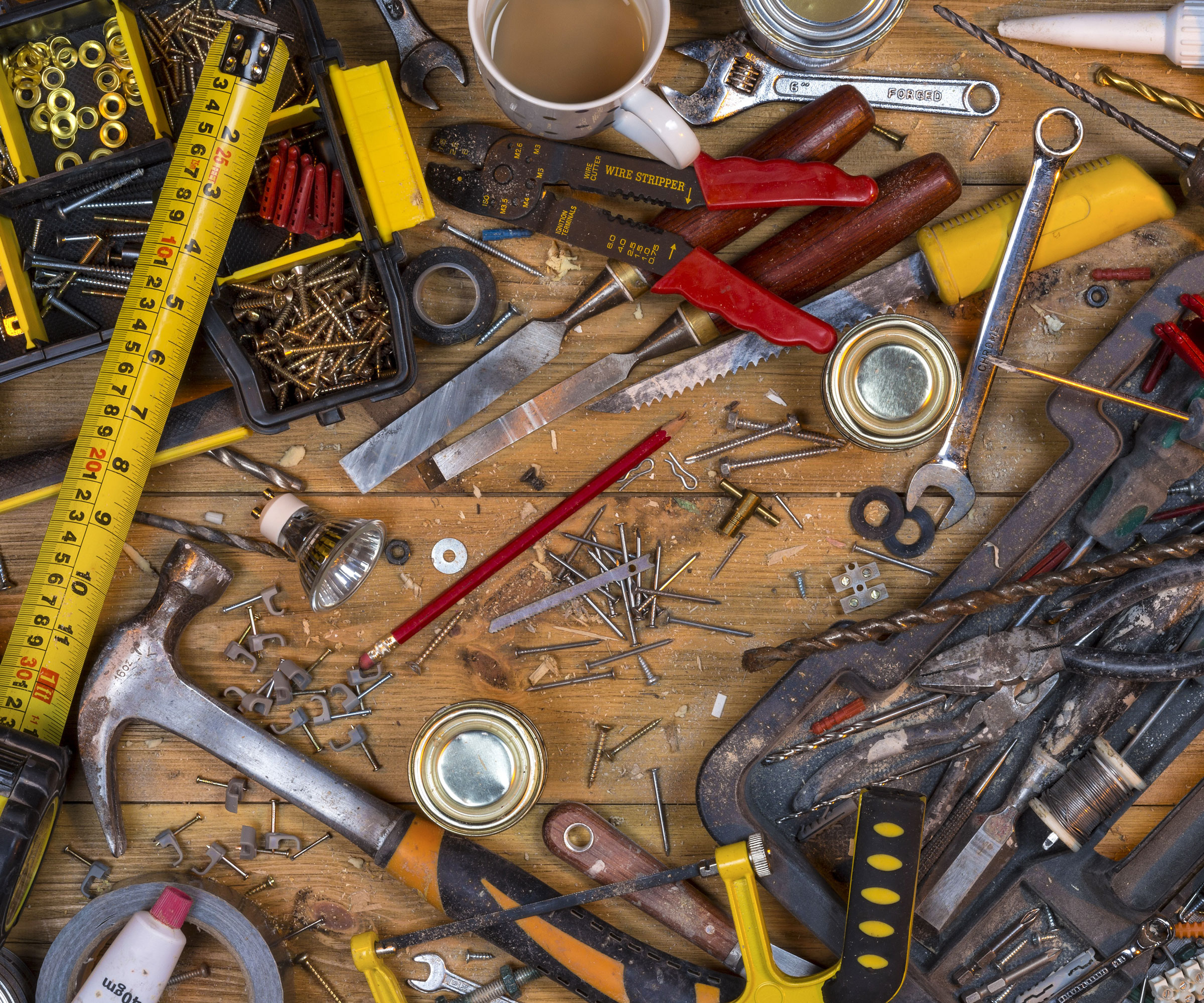floor of garden shed with DIY tools