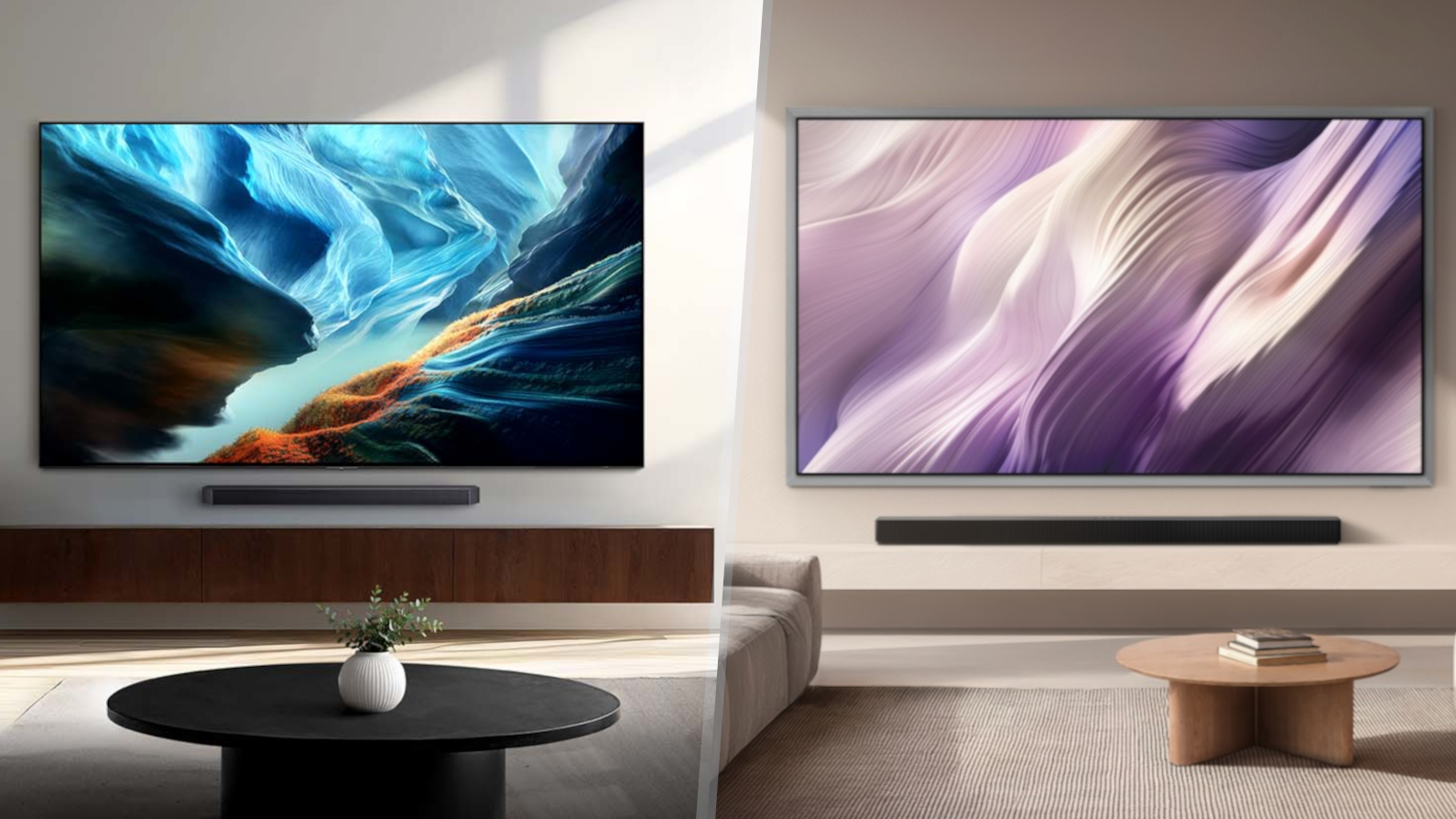 Two side-by-side images split down the middle: on the left is the Samsung S90H OLED in a wall-mounted position displaying a blue-and-orange-colored, abstract image, and on the right is the Samsung S95H OLED displaying an an abstract, purple-colored image from a wall-mounted position.
