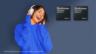 A woman listening to headphones on a red background, with Qualcomm's latest sound platform posters in the bottom corner 