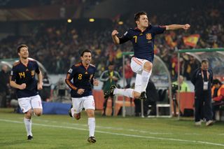David Villa celebrates after scoring for Spain against Chile at the 2010 World Cup.