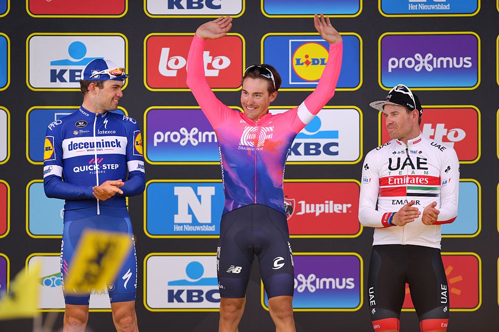 Tour of Flanders Podium (l-r) - Kasper Asgreen of Denmark and Team Deceuninck-Quickstep / Alberto Bettiol of Italy and Team Ef Education First / Alexander Kristoff of Norway and UAE Team Emirates