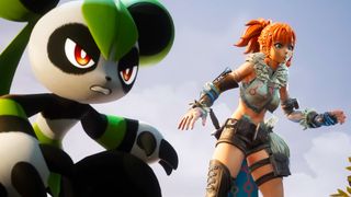 Palworld - A panda-like pal and its Pal Trainer getting ready to fight.