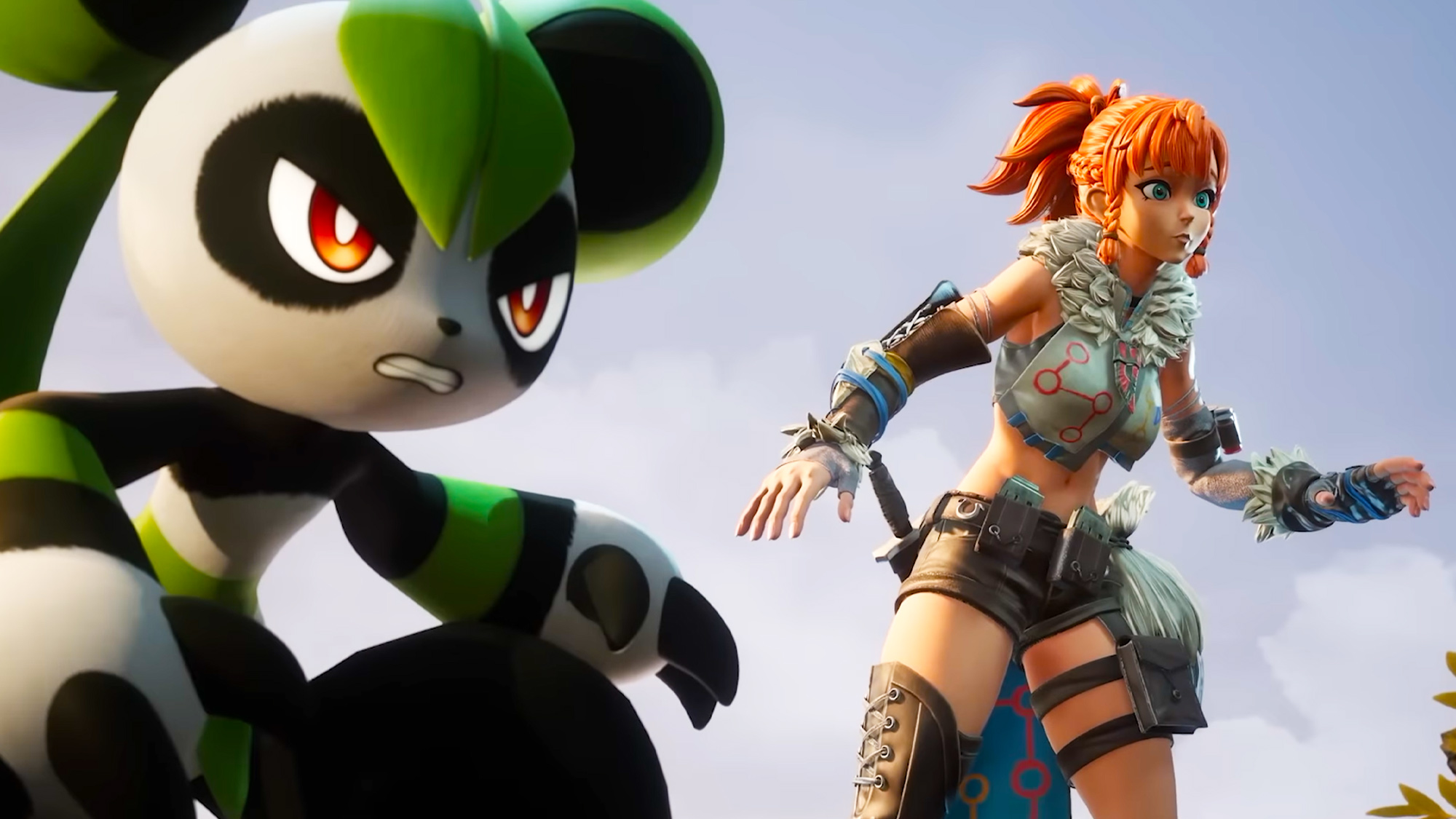 Palworld - A panda-like pal and its Pal Trainer getting ready to fight. 