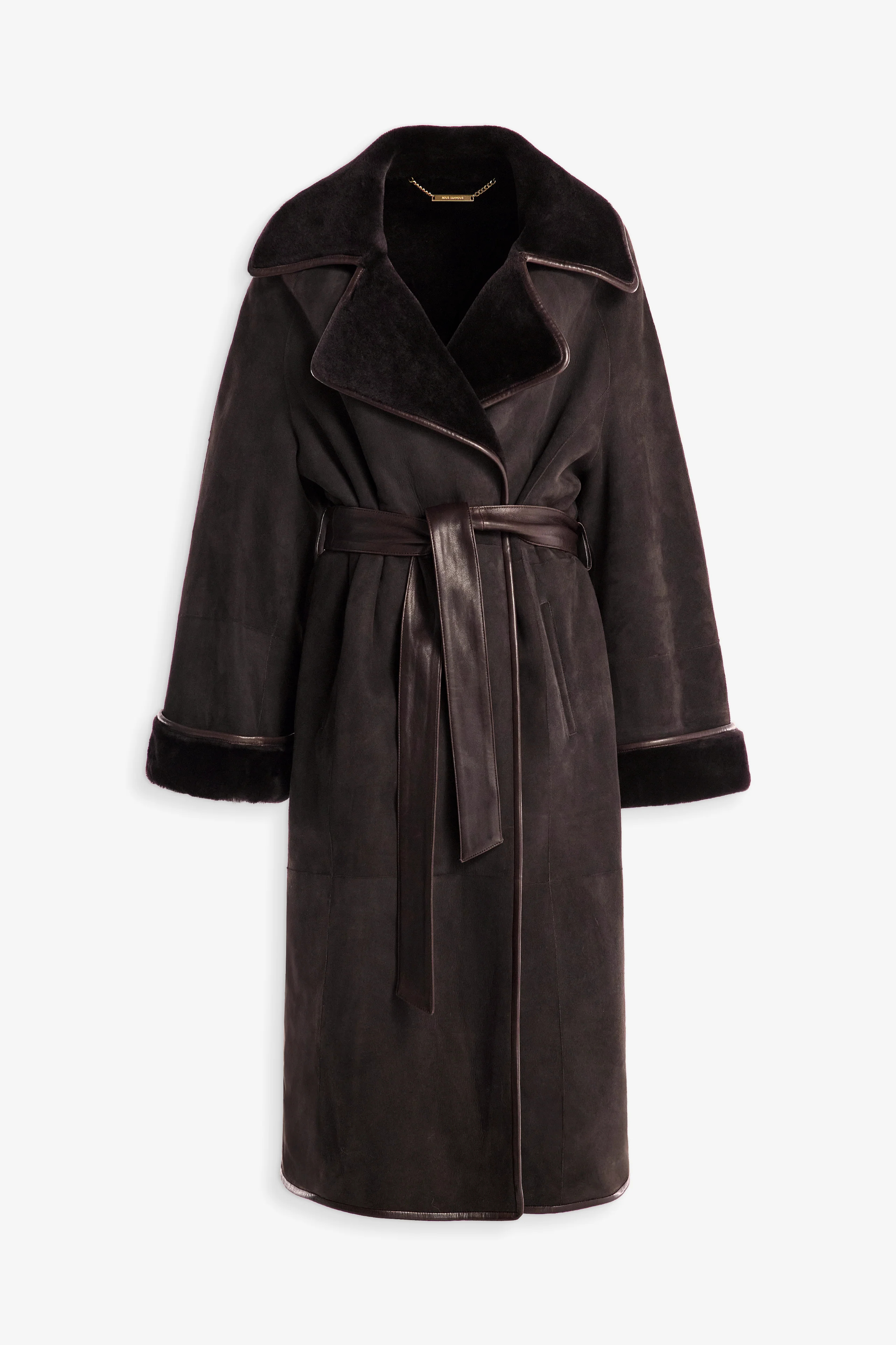 A brown suede and shearling coat.