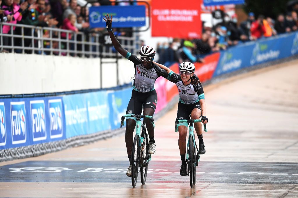 ROUBAIX FRANCE OCTOBER 02 LR Teniel Campbell of Trinidad and Tobago and Team BikeExchange and Jessica Allen of Australia and Team BikeExchange reacts to cross the finishing line in the Roubaix Velodrome Vlodrome Andr Ptrieux during the 1st ParisRoubaix 2021 Womens Elite a 1164km race from Denain to Roubaix ParisRoubaixFemmes ParisRoubaix on October 02 2021 in Roubaix France Photo by Tim de WaeleGetty Images