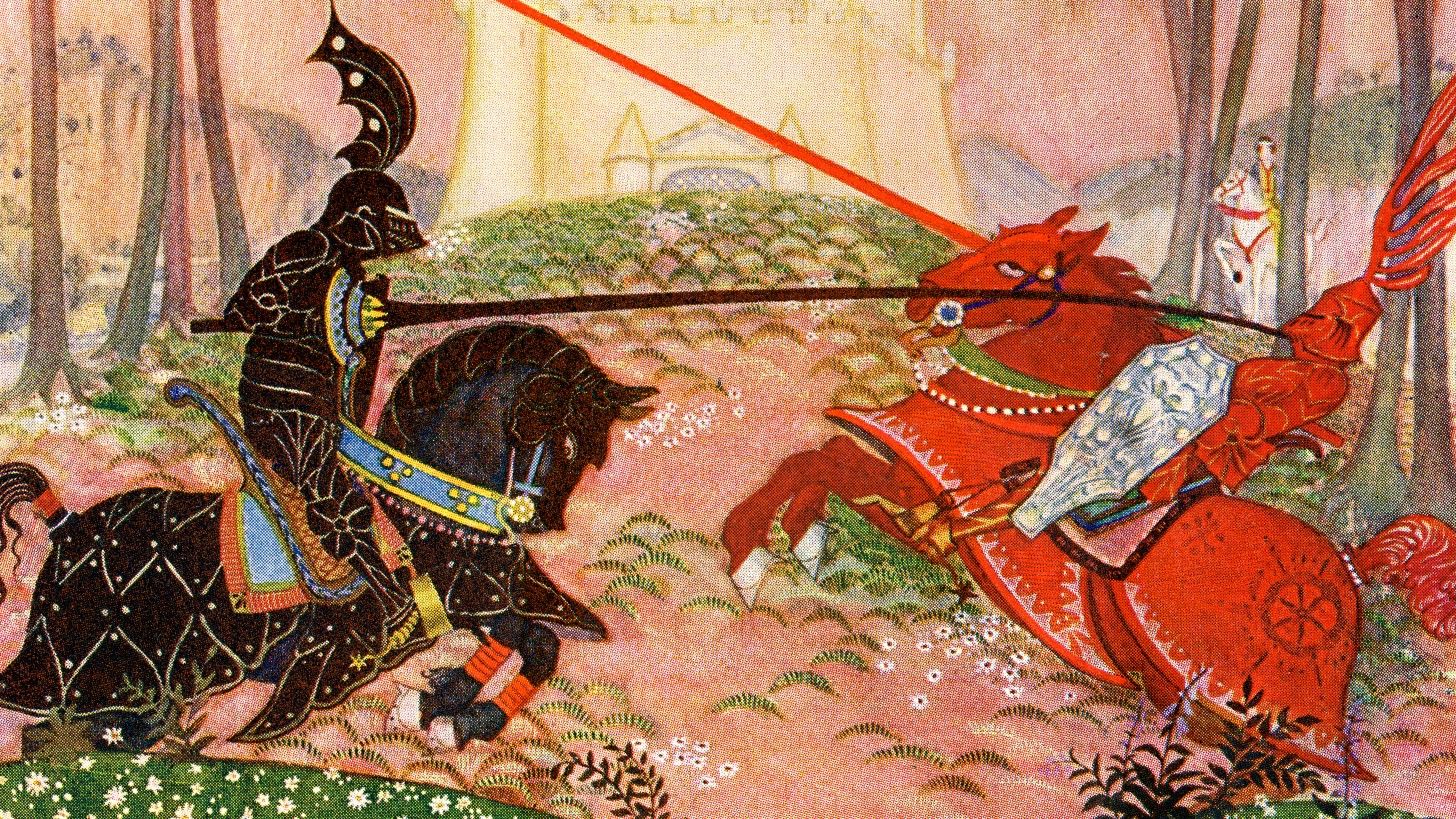 Sir Gareth defeats the Red Knight in a jousting tournament from one of the legends of King Arthur