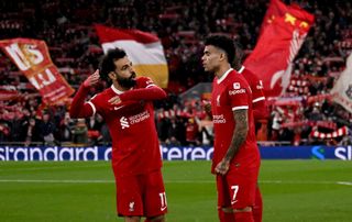 Liverpool pair Luis Diaz and Mohamed Salah before the Premier League match between Liverpool FC and Sheffield United at Anfield on April 04, 2024 in Liverpool, England.