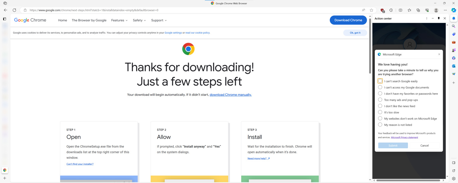 Neue Edge-Umfrage auf der Chrome-Downloadseite – über PCWorld