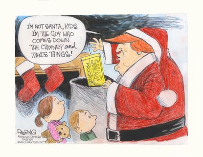 Political Cartoon U.S. Trump Santa Takes Food Stamps Kids
