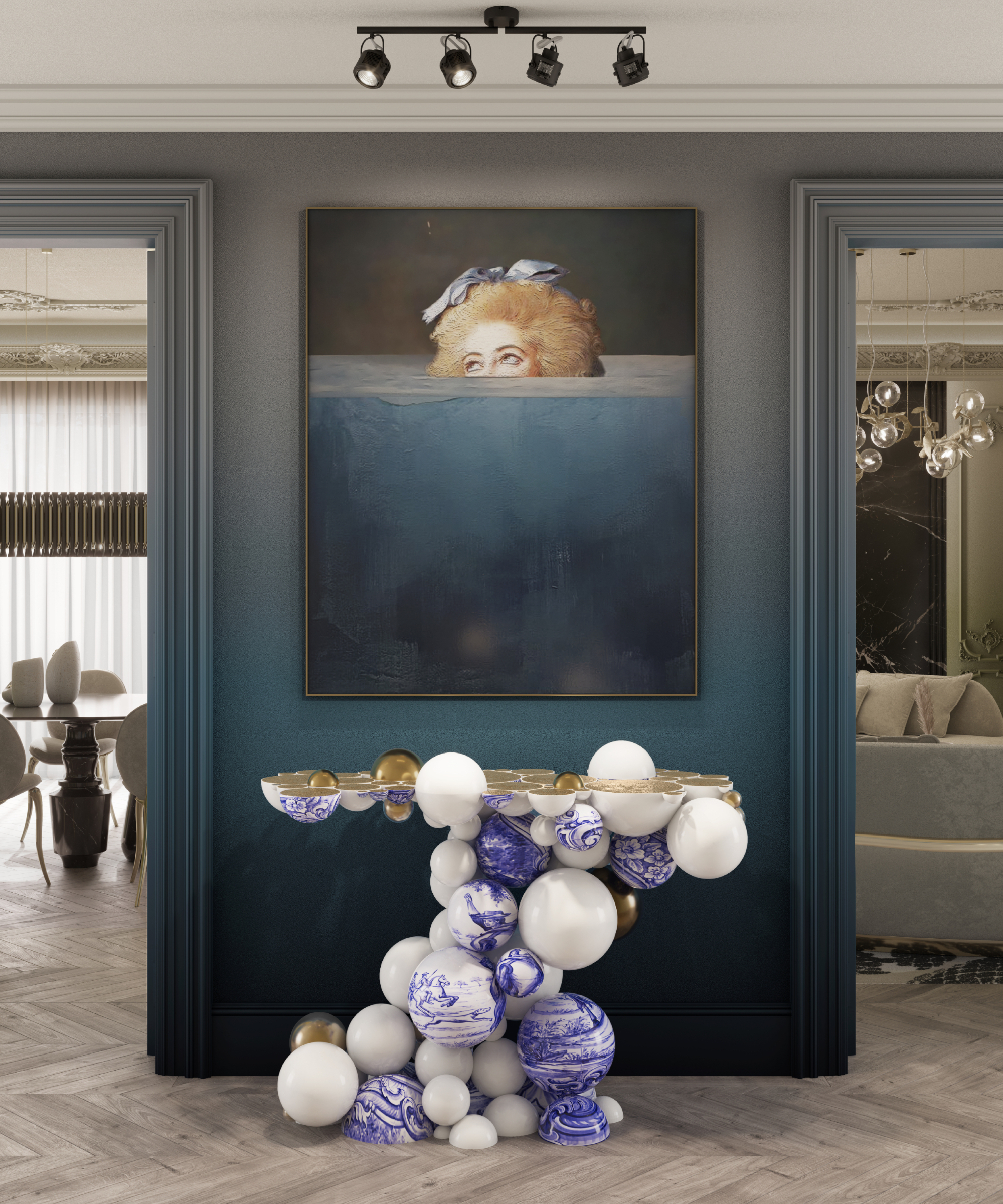 contemporary hallway with spotlight bar on ceiling illuminating artwork and table