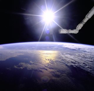 Space shuttle with solar starburst over Earth