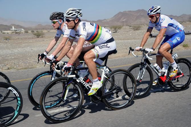World champion Philippe Gilbert (BMC) rolls along in the peloton.