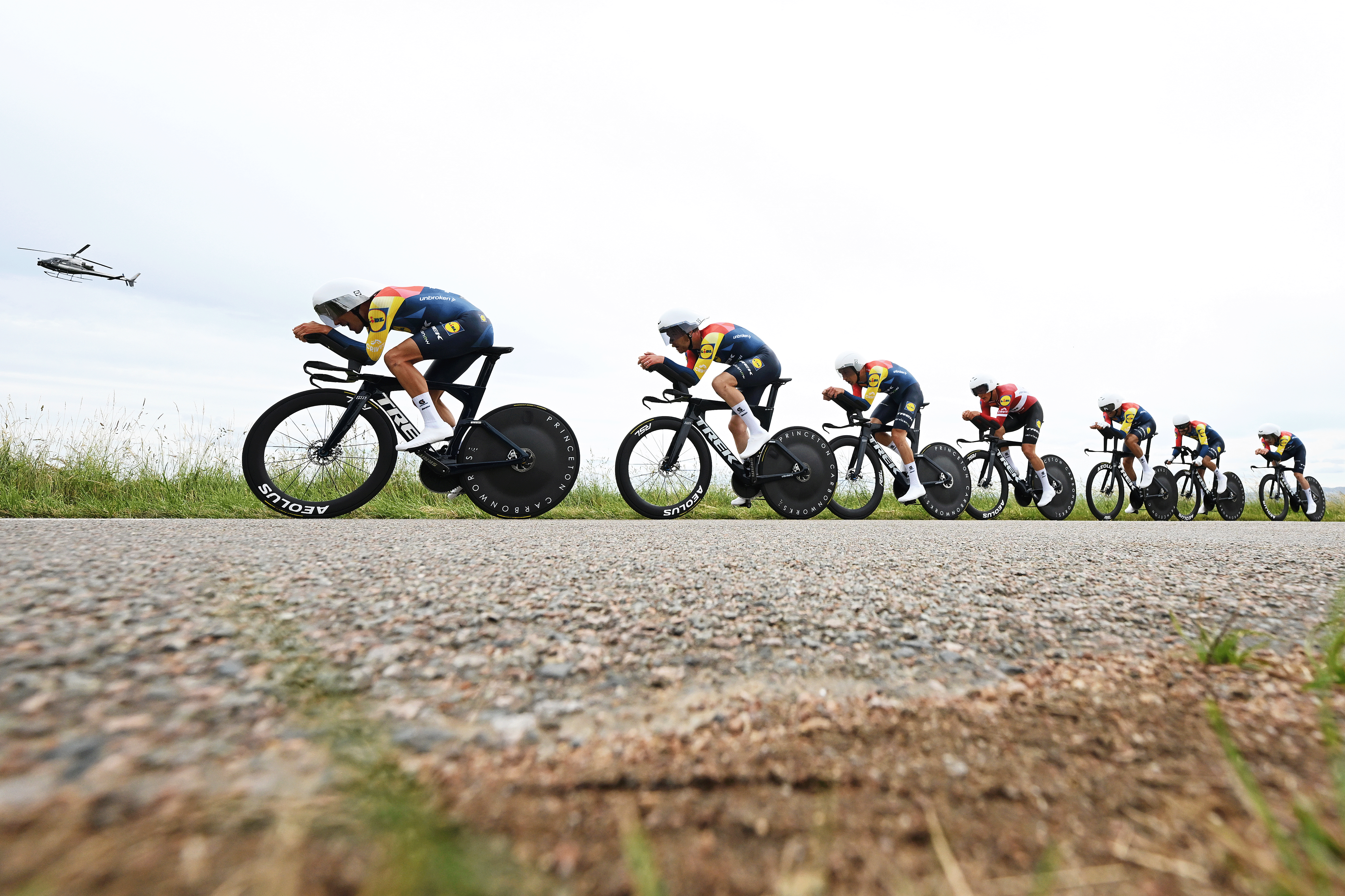 PERREUX, FRANCE - JUNE 09: A general view of Juan Ayuso of Spain, Julien Bernard of France, Lennard Kamna of Germany, Quinn Simmons of United States, Mattias Skjelmose of Denmark, Toms Skujins of Latvia, Carlos Verona of Spain and Team Lidl - Trek compete during the 78th Tour Auvergne-Rhone-Alpes 2026, Stage 3 a 28.4km team time trial stage from Perreux to Perreux / #UCIWT / on June 09, 2026 in Perreux, France. (Photo by Dario Belingheri/Getty Images)