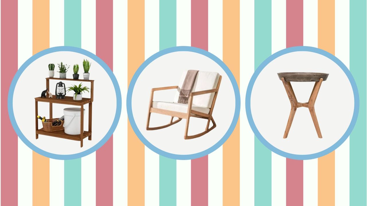 Ashley Furniture sale items, including an outdoor rocking chair, potting bench, and end table, all on a bright striped background