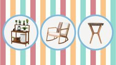 Ashley Furniture sale items, including an outdoor rocking chair, potting bench, and end table, all on a bright striped background