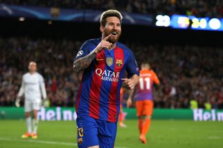 Lionel Messi celebrates after scoring his third goal for Barcelona against Manchester City in the Champions League in October 2016.