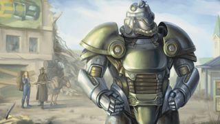 A figure in power armor stands with hands on hips as a duo watches from the background