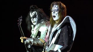 Gene Simmons, left, and Ace Frehley of Kiss play to the crowd at the Cynthia Woods Mitchell Pavilion Saturday, April 1, 2000, in The Woodlands, Texas.