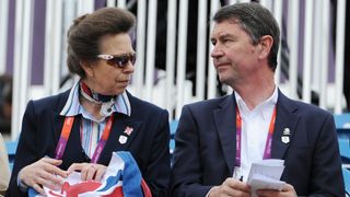 Princess Anne (L) and Vice Admiral Sir Timothy Laurence at the Show Jumping Eventing Equestrian on Day 4 of the London 2012 Olympic Games